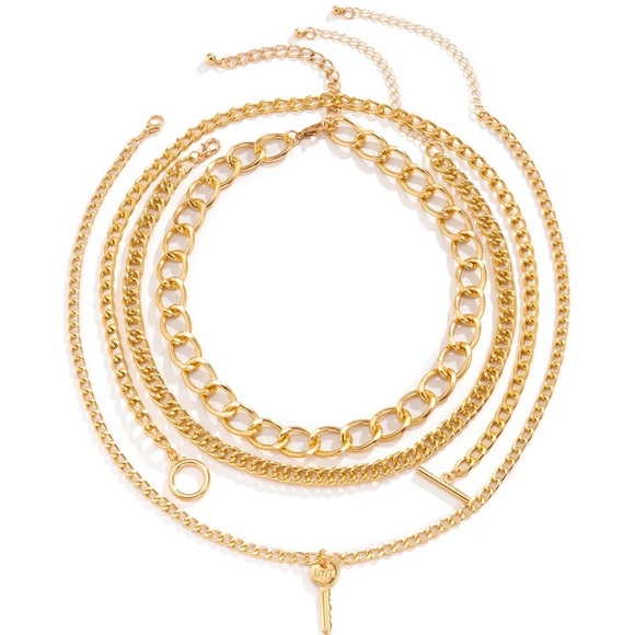 🆕 Gold Chain Abstract Key Layered Necklace Set - Picture 3 of 4